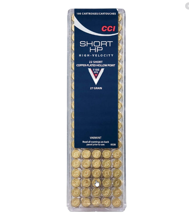 CCI Short HP Rimfire Ammo 22 Short CPHP, 27 Grains, 1105 fps 100 Rds