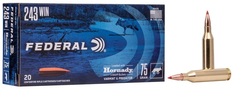 Federal Varmint & Predator, 243 Win, 75 Grain, Hornady® V-Max®, 3425 fps