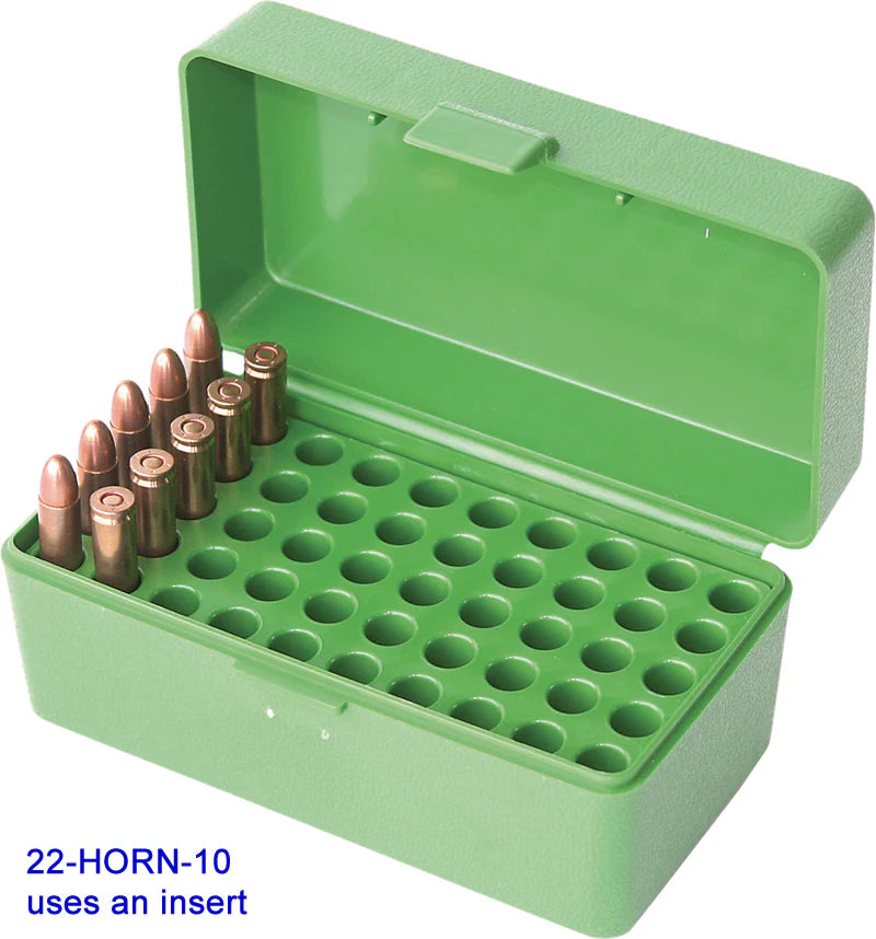 22-HORN-10 - Ammo Box 50 Round Flip-Top 22 Hornet And 30 Carbine