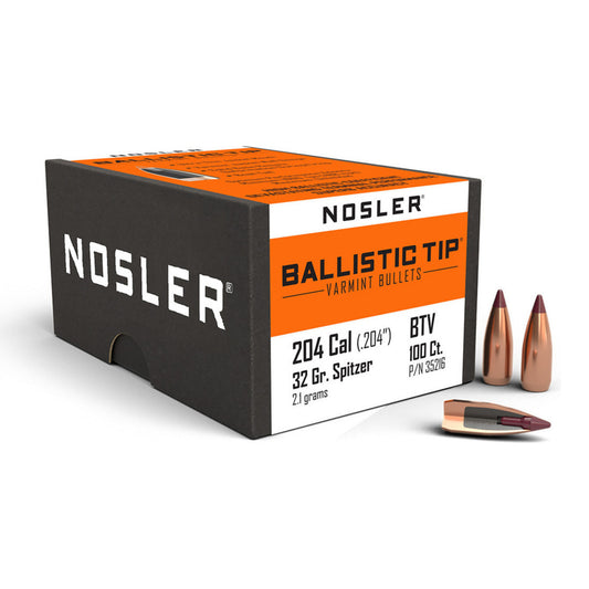 Nosler .204 Calibre, 32GR Spitzer, Ballistic Tip Bullets